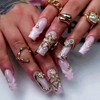 Uñas postizas medianas cuadradas rosas con diseño de flor 3D