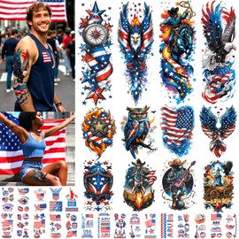32 Sheets Independence Day Temporary Tattoos, USA Flag Patriotic Waterproof Fake Tattoos, Red White Blue Party Supplies Temp Tattoo Kits 4th of July Memorial Day, Veterans Day, Summer Festivals