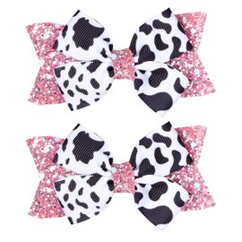 2pcs Glitter Pink Cow Birthday Gift Bows Alligator Clips for Girls 3.5" Cute Cow Print Ribbon Hair Barrettes Pins, Toddler Teens Baby Cowgirl Costume Party Favors Accessories