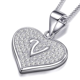 MASADA 925 Silver Heart Letter Necklace - Initial Pendant with Cubic Zirconia Stones - 46 cm Chain, with Velvet Bag