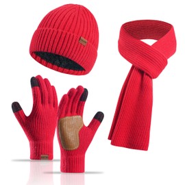 Yoolhamy Hat Scarf and Gloves Set Ladies Women 3pcs Winter Thermal Thick Knitted Beanie Cap Long Scarf Touch Screen Gloves for Neck Warmer Outdoor Ski Cap (Red)