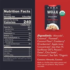 Wella Cereal Oatmeal Alternative, Gluten-Free Breakfast Hot Cereal, Grain-Free Paleo Organic Vegan High Protein Superfood, Plant-Based Non-GMO, Low in Net Carbs, Single-Serve Packets, Cranberry Pecan Flavor (10 Count, 1.6 oz. Packets)