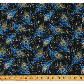 Fields Fabrics Cotton Peacock Feathers Plumes Blue Green on Black Fabric Print by Yard D465.43