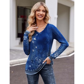 Zeagoo Women Shirts Long Sleeve V Neck Tunic Trendy Business Work Fall Top Boho Floral Clothing Blue XXL