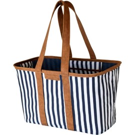 CleverMade Collapsible LUXE Tote - Navy Striped 1 Pack 30L / 8 Gal - Reusable Grocery Shopping Storage Bag Organizer w/ Handles Reinforced Bottom