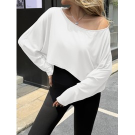 Fisoew Womens Off The Shoulder Cropped Tops Batwing Long Sleeve Loose Fit Summer Boat Neck Workout T Shirts White