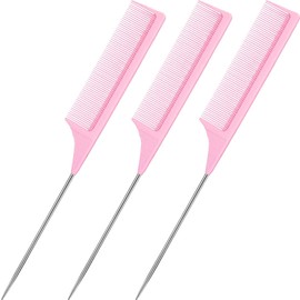GENC BÉAUTY 3pcs Rat Tail Combs Parting Comb, Comb Set for Teasing, Brushing, Styling, Detangling, Grooming with Stainless Steel Pintail (Pink)