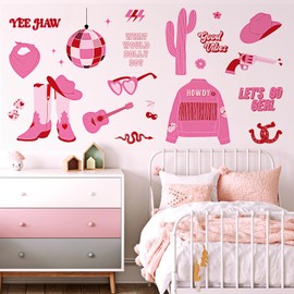 Large Pink Cowgirl Wall Decals, Trendy Retro Peel and Stick Vinyl Wall Stickers & Murals, Removable Home Room Wall Decor for Bedroom Living Room Bedroom Classroom Office Nursery