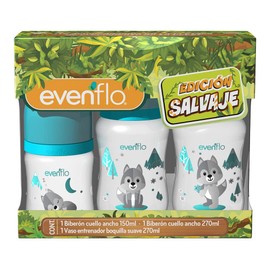 Evenflo, Set Edición Salvaje 3Pack; 1 Biberon 5oz/150ml, 1 Biberon 9oz/270ml, 1 Vaso Boquilla Suave 9oz/270ml. El color y el diseño puede variar.