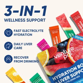 Venture Pal Sugar-Free Hydration Boost + Liver Support - Liquid Daily IV Hydration Packets | Electrolytes Drink Mix with 7 Electrolytes & 5 Vitamins, Milk Thistle | Keto Friendly | Vegan, 16 Sticks