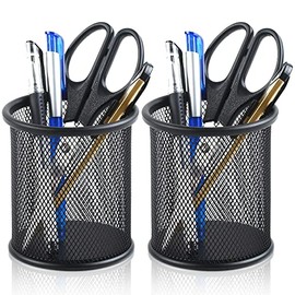 Portalápices de malla metálica para lápices para escritorio, escuela (Negro, Redondo 10 * 9cm)