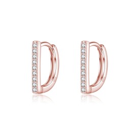 Reffeer Solid 925 Sterling Silver CZ Bar Earrings Hoop for Women Teens CZ Huggie Earrings Minimalist (C-Rose Gold)