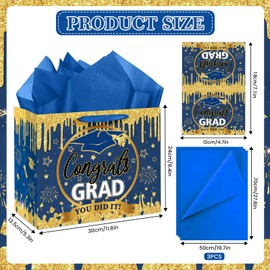 Blue Gold Graduation Gift Bag with Tissue Paper and Greeting Cards Blue Gold Congrats Grad Gift Wrapping Paper Bag Graduation Class of 2025 Gift Party Favor Bags for College High School Graduates