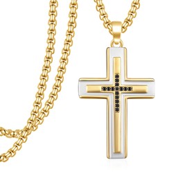 Hantuorui Gold-Plated CZ Cross Necklace for Men - 925 Sterling Silver Cross Pendant for Men, Faith Religion Jewelry Gifts for Men Women