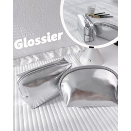 Intonowa Small Makeup Bag，Cosmetic Bags for Women，Silver Leather Makeup Pouch