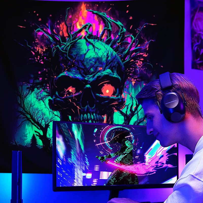 SparkLia Blacklight Fire Skull Tapestry, UV Reactive Burning Skeleton Horror
