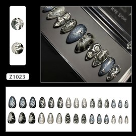 BQZQPAMZ 24pcs Black Almond Fake Nails Dark Press on Nails Medium Almond Silver Line Design Stick on Nails Full Cover Acrylic Nails for Women Summer Manicure Decoration