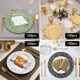 RocoReny Antique Charger Plates Set, 100 Pcs 13in Plastic Embossed Dinner Plate, Round Phoenix Pattern Elegant Floral Plates for Dinner Wedding Party Event Table Setting Decoration (Black)