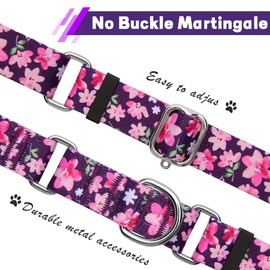 Hikiko Martingale Collar for Dogs with No Buckle Purple Floral Female Dog Collar Cute Girl Dog Collars for Medium Dogs,Japanese Purple,M