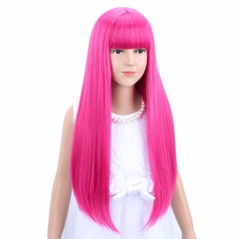 Kids Hot Pink Wig Girls Long Straight Meganta Wig with Bangs Synthetic Halloween Cosplay Costume Party