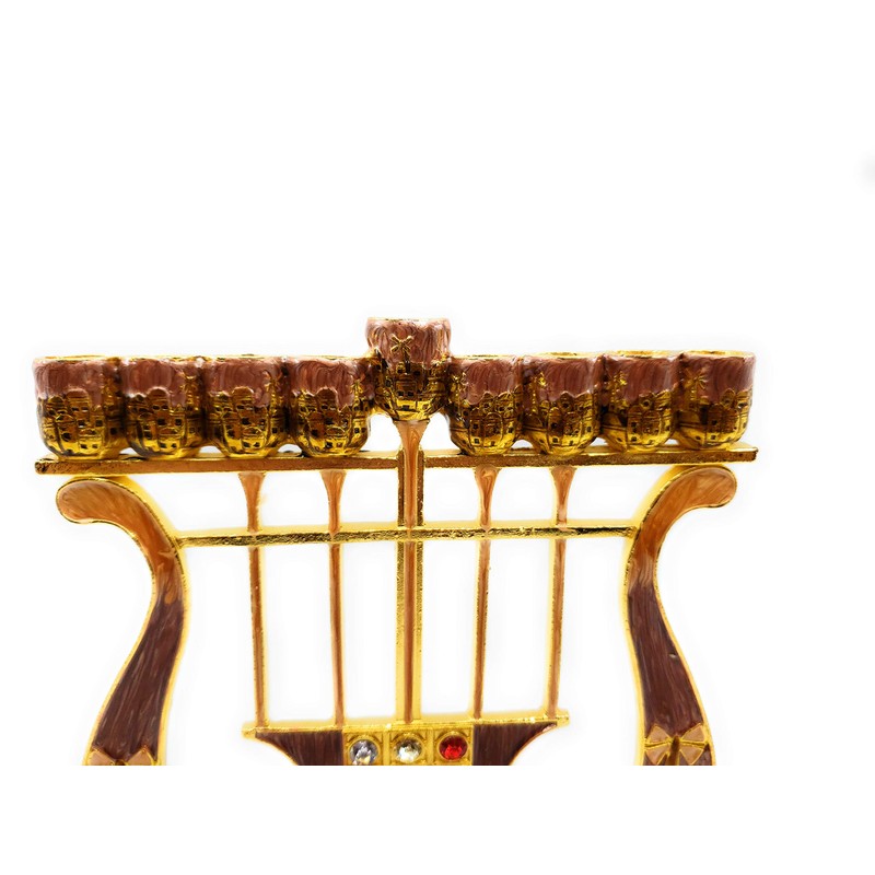 Harp Shaped Chanukah Menorah Enamel Hand Painted Enamel on Pewter
