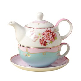 Jusalpha® Fine Bone China Teapot for One, Rose Teapot and Saucer Set- Tea Cup with Saucer Set, Pink Roses (Tea for One 02)