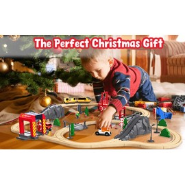 Giant bean 72PCS Fire Station Wooden Train Track Electric Train Set, Gift Packed Toy Railway Kits for Kids, Toddler Boys and Girls 3,4,5 Years Old and Up, Christmas Birthday Gift Toy for Kids