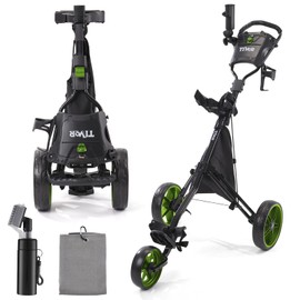 Tivor Golf Push Cart 3 Wheel,Lightweight Golf Bag Cart with Quad-Fold Frame,and Cooler Bag,Cleaning Kit Golf,Phone/Cup/Umbrella Holder Compact Golf cart Set