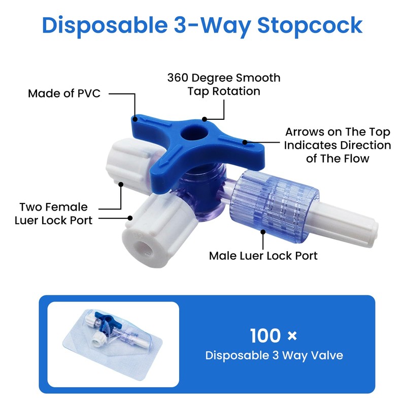 3-Way Luer Stopcock with Male Luer Lock, Disposable Stopcock Valve