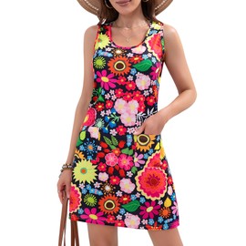 CAMSSOO Dresses for Women 2025 Summer Dress Casual Scoop Neck Loose Sundresses Swing T Shirt Dresses with Pockets Multicolour M
