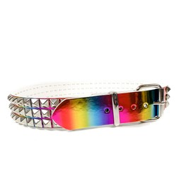 Rainbow Holographic Three Row Black Pyramid Stud Rave Studded Belt Vegan Punk Goth (M)