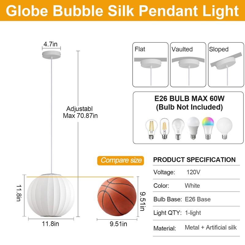 Fivemengo Globe Silk Pendant Light 11.8in Small, White Imitation Silk