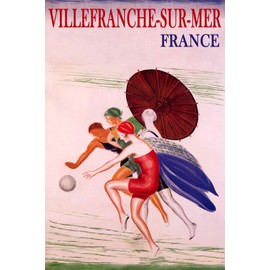 WONDERFULITEMS Villefranche-sur-Mer France Summer Beach Happy Women Playing Ball Sun Umbrella Travel 16" x 24" Image Size Vintage Poster repro on Matte Paper. We Have Other Sizes