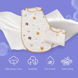 Baby Sleep Sack All-Season - 100% Cotton Muslin Sleeveless Swaddle Bag - Lightweight & Breathable for 0-18 Months, Adjustable Snap Buttons, TOG 0.5, Machine Washable (cartoon)