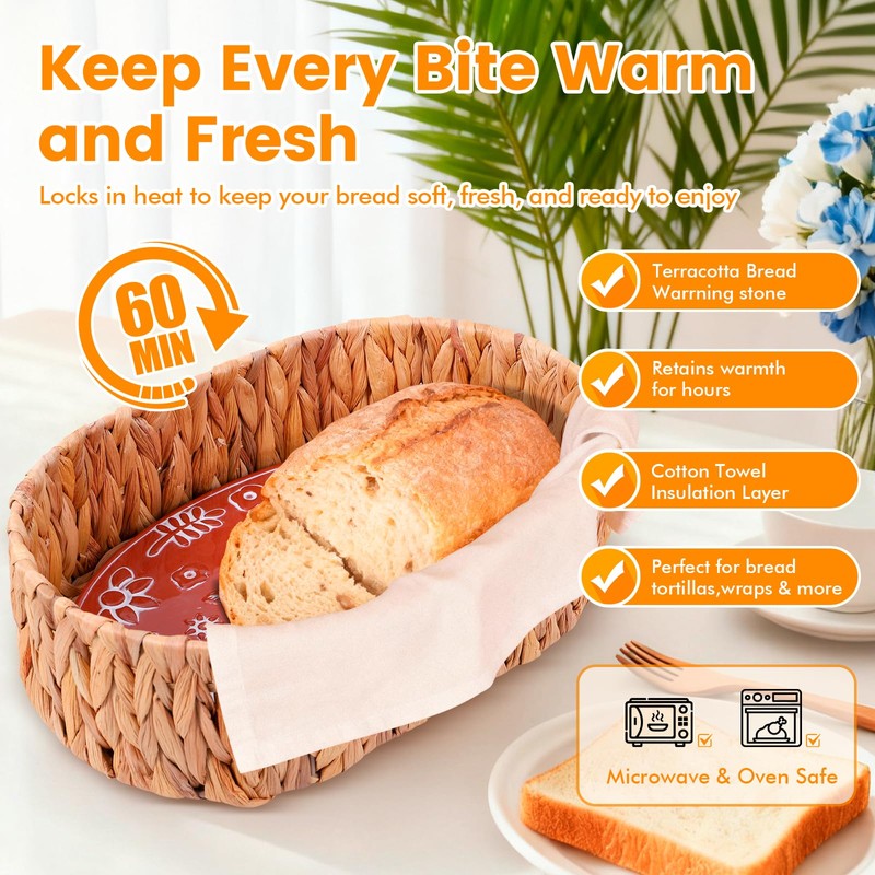 Bread Basket with Warming Stone and Cloth -Terra Cotta Bread