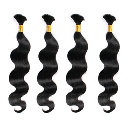 High Grade Bulk Hair for Micro Braiding, Remy Virgin Hair, Dyeable & Bleachable, Body Wave Wavy 4 Bundle Pack, 100G/Bundle Natural Black - 20 Inch