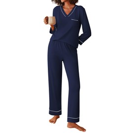 Ekouaer Women's Pajamas Sets V Neck Long Sleeve Sleepwear Comfy Pants 2 Piece Loungewear with Pocket Navy Blue Small