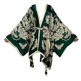 Misryssa Bikini Sweet Lady Pink Boho Print Self Belted Front Open Long Kimono Dress Beach Tunic Women Wrap Dresses, Color26, One Size Plus