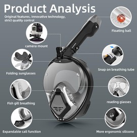 Govllfoz Snorkelling mask for Adults, Full face mask for Snorkelling, Diving Goggles with Snorkel for Spectacle wearers - 180° Anti-Fog Panorama, Foldable, Excellent for Snorkelling (L)