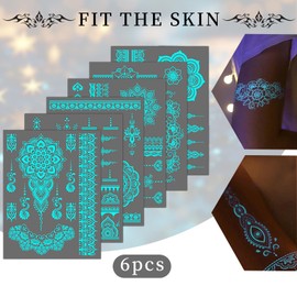 Blue Luminous Temporary Tattoo Stickers Lace Luminous Tattoo Sticker Lotus Flower Glow In The Dark Tattoo Art Sticker for Girl Women Wedding Party Arm Body Accessories 6sheets