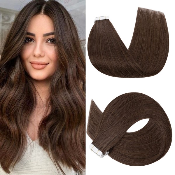 S-noilite Tape-In Real Hair Extensions, Pack of 20, Dark Brown, Remy Invisible Tape-In Hair Extensions, Tape-In Real Hair Extensions, 55 cm, 50 g, #04