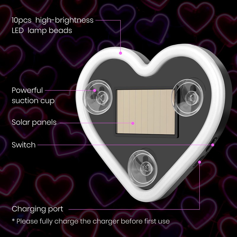 2Pcs Car LED Ambient Light, Solar Powered Heart Shape Lights,