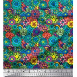 Soimoi Green Moss Georgette Fabric Colorful Flowers Clip Art Decor Fabric Printed BTY 42 Inch Wide