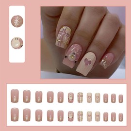 LBPEPAMZ Christmas Press on Nails Medium Square Fake Nails Gold Glitter French Tips False Nails Pink Fawn Plaid Xmas Heart Stick on Nails Winter Cute Full Cover Glossy Glue on Nails for Women 24Pcs