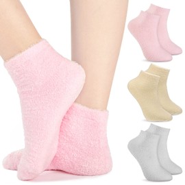 3 Pares Calcetines de Áloe Hidratantes Spa Imbuidos Peludos de Gel para Dormir Calcetines de Pies Secos Antideslizantes con Loción para Mujeres Hombres Reparación (Color Rosa, Gris, Desnudo)