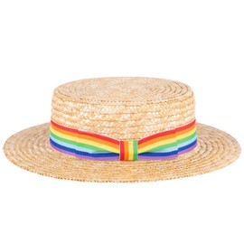 ZAKIRA Classic Straw Boater Hat Handmade from Natural Straw (Rainbow Band, L)