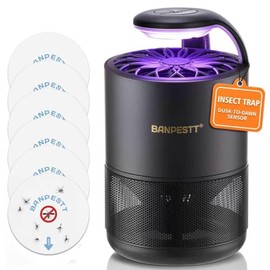 BANPESTT Automatic Insect Trap: Dusk-to-Dawn Sensor & Powerful Suction Quiet, Non-Zapper for Fruit Flies, Gnats, Mosquitoes | Includes 6 Glue Boards & UV Light (Black)