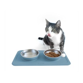 Ono Good Bowl Food & Water Double Feeder - Small to Medium Pets No Spill Non Skid Silicone Mat & Stainless Steel Bowls for Dogs or Cats (Cool Gray)