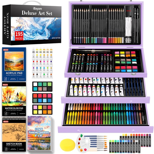 Art Supplies, 186-Pack Deluxe Art Set with 2 A4 Drawing Pads, 1 Coloring Book, 24 Acrylic Paints, Crayons, Colored Pencils, Creative Gift Box for Adults Artist Beginners (Macaron Purple)