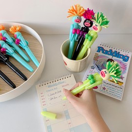 Mop Head & Boxing Ballpoint Pens - Novelty Combo Boxing Pens with Plush Hair Toppers & Stress Relief Clickers, Cartoon Multi-function Signing Pen for School, Office (Mop Head)